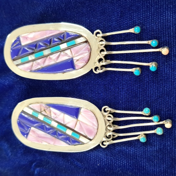 Vintage Native American Multi Stone On Sterling Silver Dangle Earrings Post - Picture 5 of 16